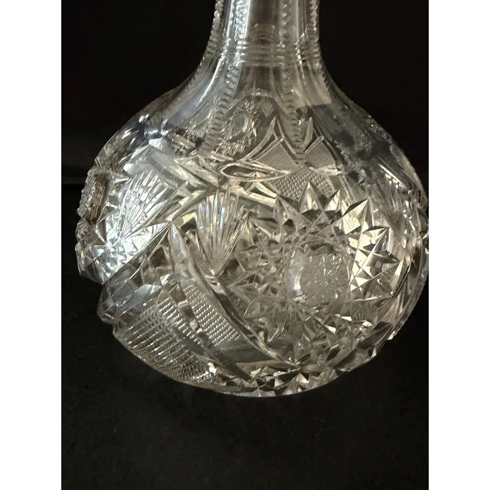 VTG American Brilliant Cut Glass/Wine Decanter Hobstar Fan Pattern Crystal 8in